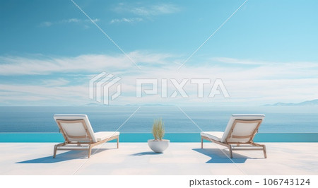 Lounge chairs laid out on the ocean. AI-generated content. 106743124