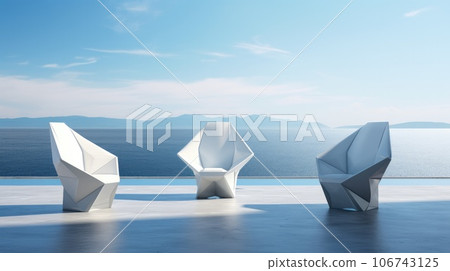 Three white chairs near the sea on a concrete deck. AI-generated content. 106743125