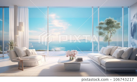 Luxurious apartment with huge windows and beautiful sea view. AI-generated content. 106743217