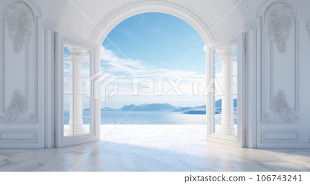 Palazzo apartment doorway opening to the ocean from the inside. AI-generated content. Palazzo apartment doorway opening to the ocean from the inside. AI-generated content. 106743241