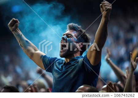 Rugby fan on the stadium yelling for the team. AI-generated content. Rugby fan on the stadium yelling for the team. AI-generated content. 106743262