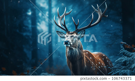 Red deer standing in the forest in the snow, stag standing in the snow in a winter landscape Red deer standing in the forest in the snow, stag standing in the snow in a winter landscape 106743371