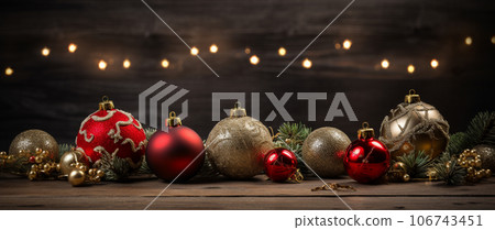 Christmas tree decorated with stars and bubbles on a gently blurred blue background. 106743451