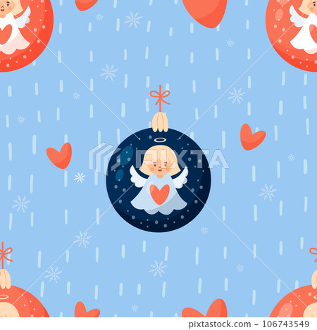 Seamless pattern with Christmas ball with little angel girl on blue background. Vector new year illustration in cartoon style. Cute Xmas kids collection Seamless pattern with Christmas ball with little angel girl on blue background. Vector new year illustration in cartoon style. Cute Xmas kids collection 106743549