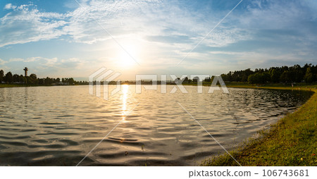 Lake schwarzl sunset panorama schwarzlsee near the styrian capitol Graz in Austria. 106743681