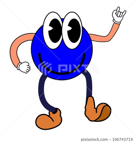 Groovy Cartoon funny cartoon smile character, vintage. Funky comic bright emoticon blue sticker 106743719