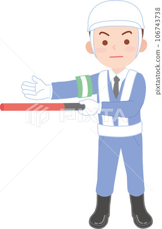 Worker_Traffic instructor_Male_Holds the guide rod horizontally on the left side_Full body 106743738