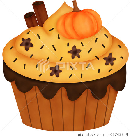 Watercolor Autumn Pumpkin Dessert. Pumpkin Cupcake. 106743739