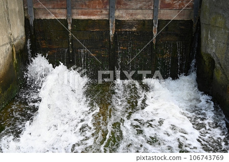 Running water in the river. Rafting on the river Jihlava and a beautiful natural swimming pool in the forest. Stribsky mill - Czech Republic. 106743769