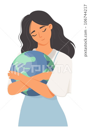 Woman cuddling planet earth globe portrait Woman cuddling planet earth globe portrait 106744217