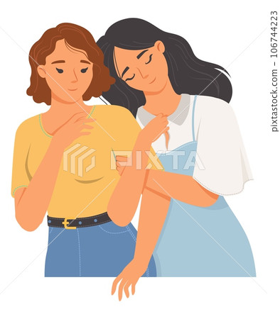Portrait of happy loving female friends hugging standing together Portrait of happy loving female friends hugging standing together 106744223