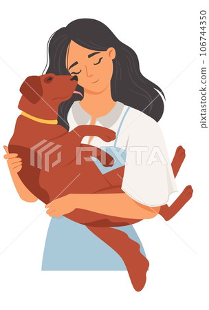 Portrait of happy woman cuddling with her dog Portrait of happy woman cuddling with her dog 106744350