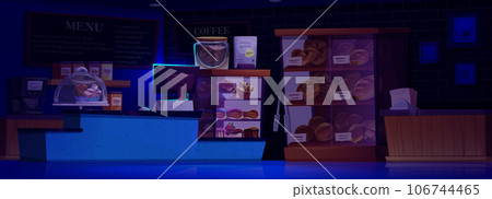 Night bakery counter in cafe store interior vector 106744465