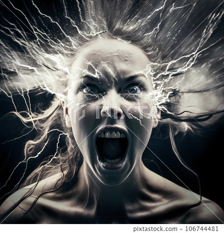 Head of woman screaming with lightning bolts 106744481