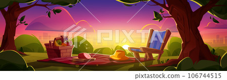 Picnic setup at sunset or sunrise in city park 106744515