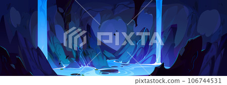 Underground waterfall and river in dark cave 106744531
