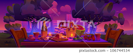 Romantic date or picnic evening in city park. Romantic date or picnic evening in city park. 106744534