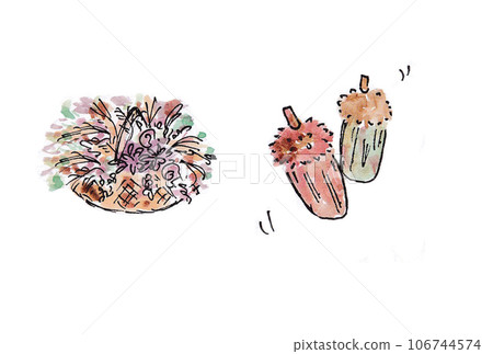 Autumn flower arrangement and acorn illustration set drawn with water-based pens and transparent watercolors Autumn flower arrangement and acorn illustration set drawn with water-based pens and transparent watercolors 106744574