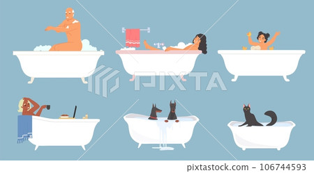 People of different age and pet domestic animals taking bath set People of different age and pet domestic animals taking bath set 106744593