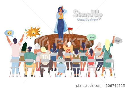 Scandup comedy show vector illustration with woman artist Scandup comedy show vector illustration with woman artist 106744615