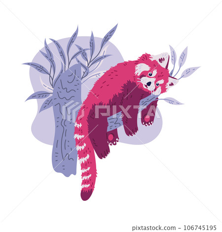 Vector illustration of cute red panda on branch, paws hanging down against of leaves, Chinese or Himalayan panda Vector illustration of cute red panda on branch, paws hanging down against of leaves, Chinese or Himalayan panda 106745195