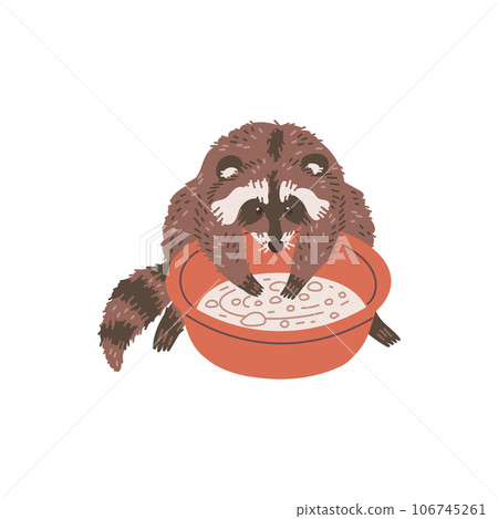 Cute raccoon, basin with water flat style, vector illustration 106745261