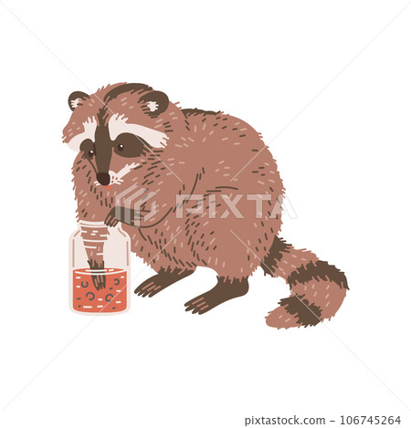 Vector funny hungry racoon stands on hind legs and put paw in bottle of jam, illustration isolated on white background 106745264