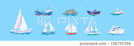 Yacht and Boat Sailing in Blue Sea Water Vector Set Yacht and Boat Sailing in Blue Sea Water Vector Set 106745366
