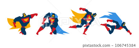 Superhero Muscled Man in Mask and Cape in Different Pose Vector Set Superhero Muscled Man in Mask and Cape in Different Pose Vector Set 106745384