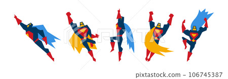 Superhero Muscled Man in Mask and Cape in Different Pose Vector Set 106745387