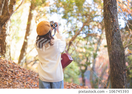 A woman enjoying autumn leaves A woman enjoying autumn leaves 106745393