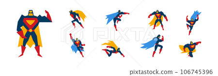 Superhero Muscled Man in Mask and Cape in Different Pose Vector Set 106745396