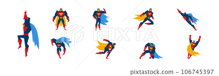 Superhero Muscled Man in Mask and Cape in Different Pose Vector Set 106745397