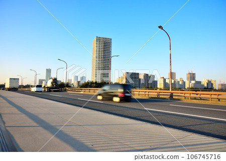Chiba City, clear evening sky and Mihama Bridge Chiba City, clear evening sky and Mihama Bridge 106745716