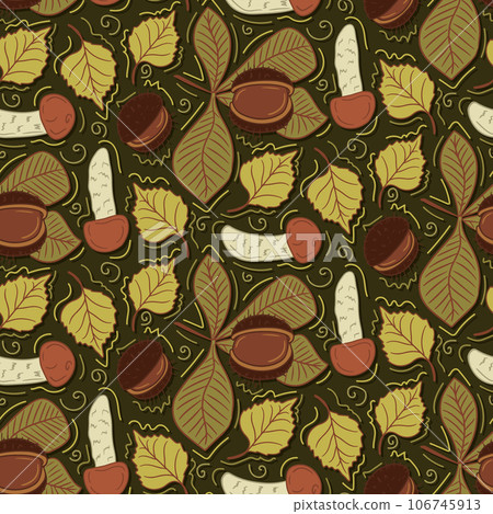 Hand drawn pattern with boletus and chestnut leaf Hand drawn pattern with boletus and chestnut leaf 106745913