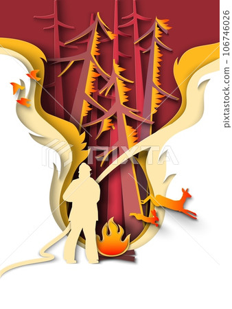 Firefighter extinguishing fire in forest papercut style Firefighter extinguishing fire in forest papercut style 106746026