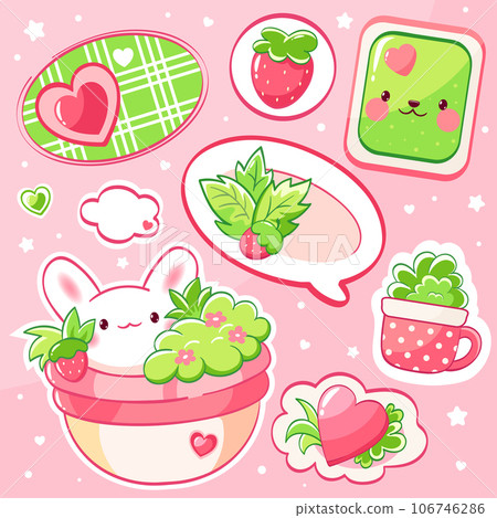 Set of stickers with strawberry and little - Stock Illustration