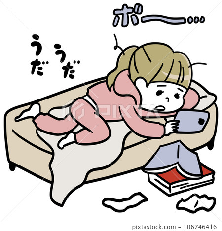A girl lazily playing with her smartphone in bed A girl lazily playing with her smartphone in bed 106746416