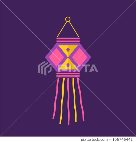 Diwali sky lantern. Indian festival of lights icon. Colorful deepavali sign on purple background. Vector illustration in flat cartoon style Diwali sky lantern. Indian festival of lights icon. Colorful deepavali sign on purple background. Vector illustration in flat cartoon style 106746441