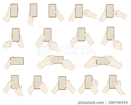 Hand operating a smartphone, watching a video in landscape mode, scrolling (brown) 106746443