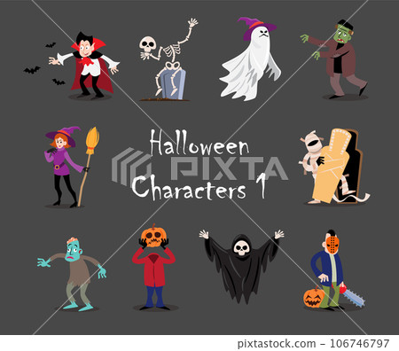 Halloween cartoon characters . Gray isolate background . Vector . Set 1 of 4 . 106746797