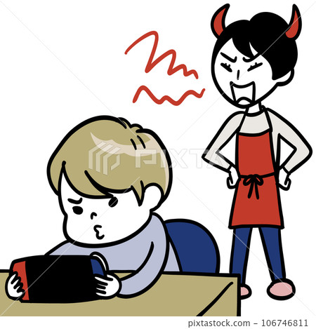 A mother who looks like a demon and yells behind her child playing a game. 106746811