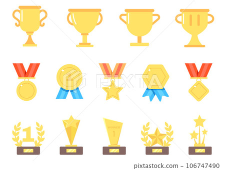 Award, trophy, cup and medal flat icon set. Golden reward and gold trophy for championship. Trophy cup, Medal, Winner prize icon. Vector 106747490