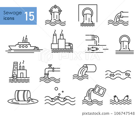 Waste water and sewage line icon set. Pollution line icon. Water treatment icon set. Editable stroke. 106747548