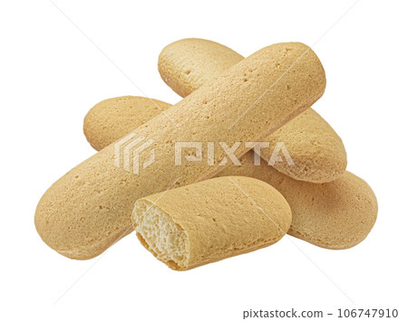 Italian savoiardi biscuits, ladyfinger cookies isolated on white background, full depth of field Italian savoiardi biscuits, ladyfinger cookies isolated on white background, full depth of field 106747910