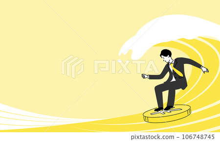 Illustration of a young businessman surfing on Japanese yen coins, vector 106748745