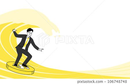 一位年輕商人在美元日元硬幣上沖浪的插圖，矢量圖 106748748