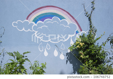 The painted wall in the building of the kindergarten. The color pictures drawn in the wall. education concept. 106748752