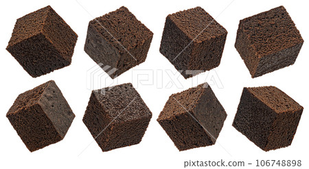 Chocolate brownie cubes isolated on white background, full depth of field 106748898