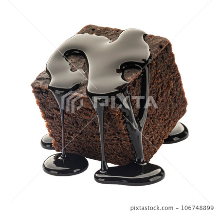 Brownie piece with melted chocolate cream isolated on white background 106748899